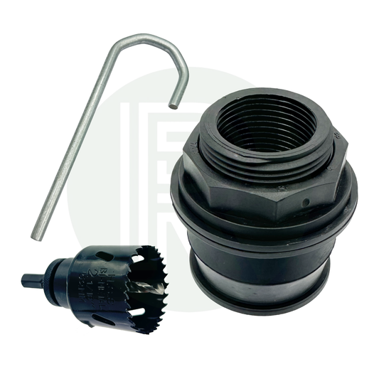 1 1/4 inch Kwiq tank fitting kit with hole saw drill bit and installation spanner bulkhead water tank connector