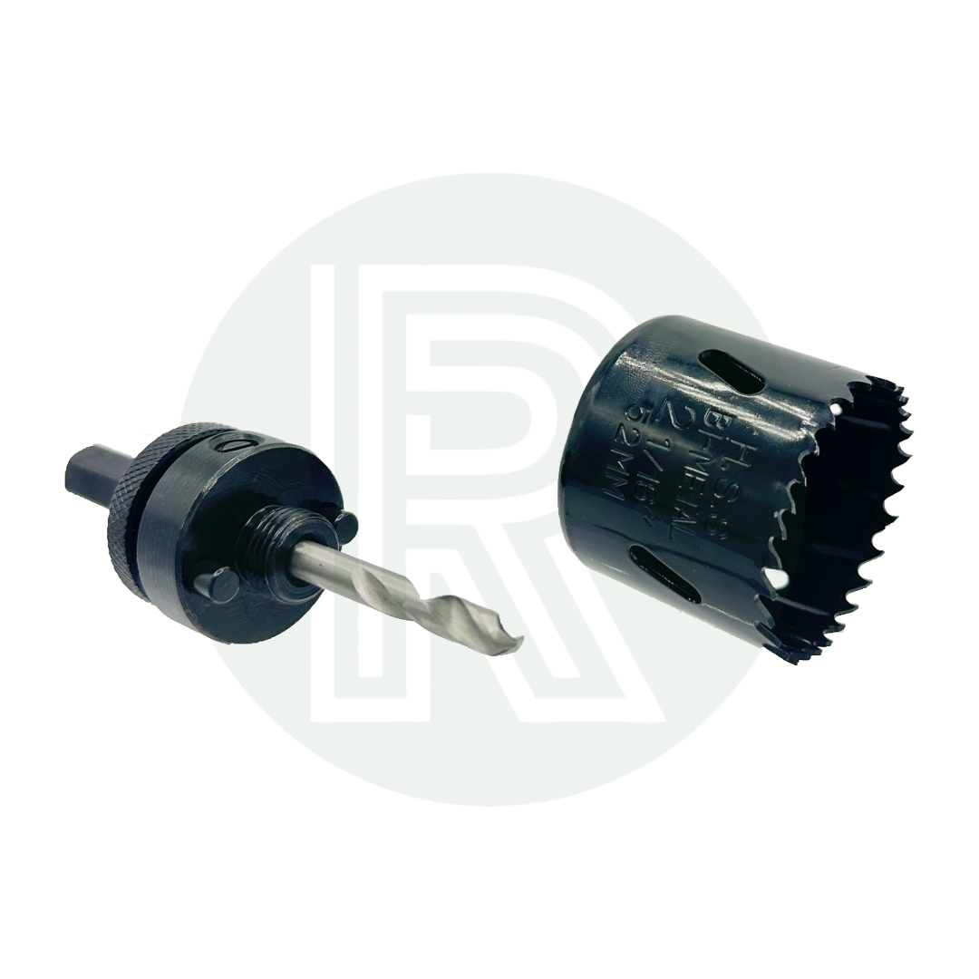 hole saw drill bit on power drill for installing 1.25 inch Kwiq bulkhead tank fitting