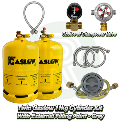 Twin Gaslow 11kg Refillable Cylinder Kit with External Filler - Grey