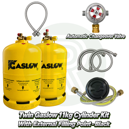 Twin Gaslow 11kg Refillable Cylinder Kit with External Filler - Black