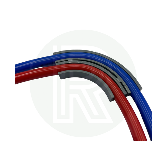 Grey double flow bend with red and blue 12mm Speedfit pipe for neat hot and cold water pipe routing
