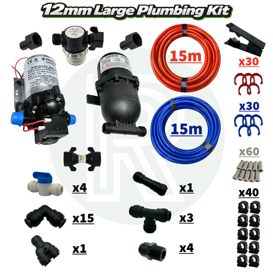 Large 12mm campervan plumbing kit with pump, accumulator, John Guest fittings and red and blue pipe