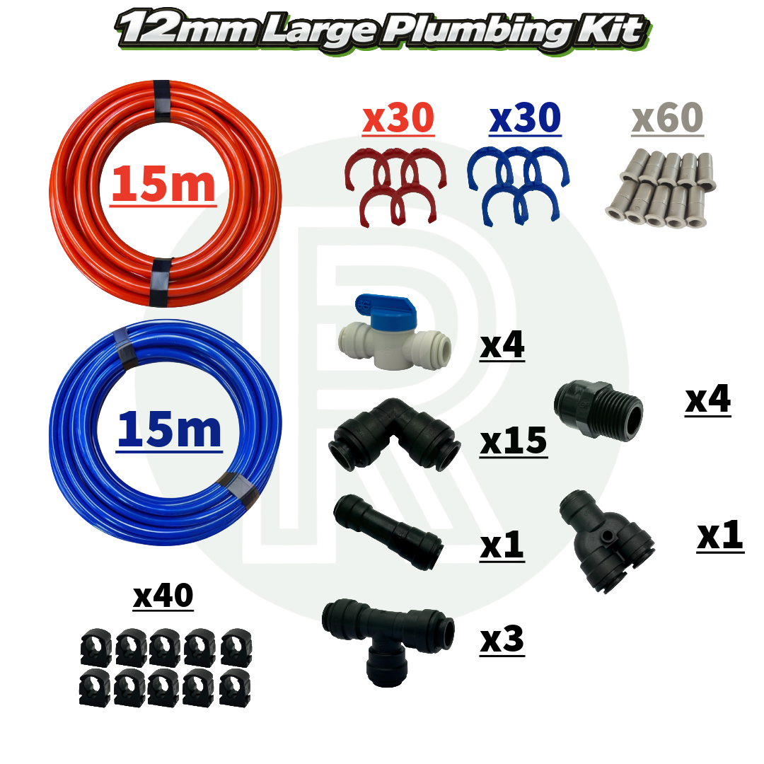 Large John Guest 12mm plumbing kit with fittings, isolation valves, pipe clips and red and blue semi-rigid pipe