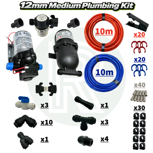 Medium 12mm campervan plumbing kit with pump, accumulator, John Guest fittings and red and blue pipe