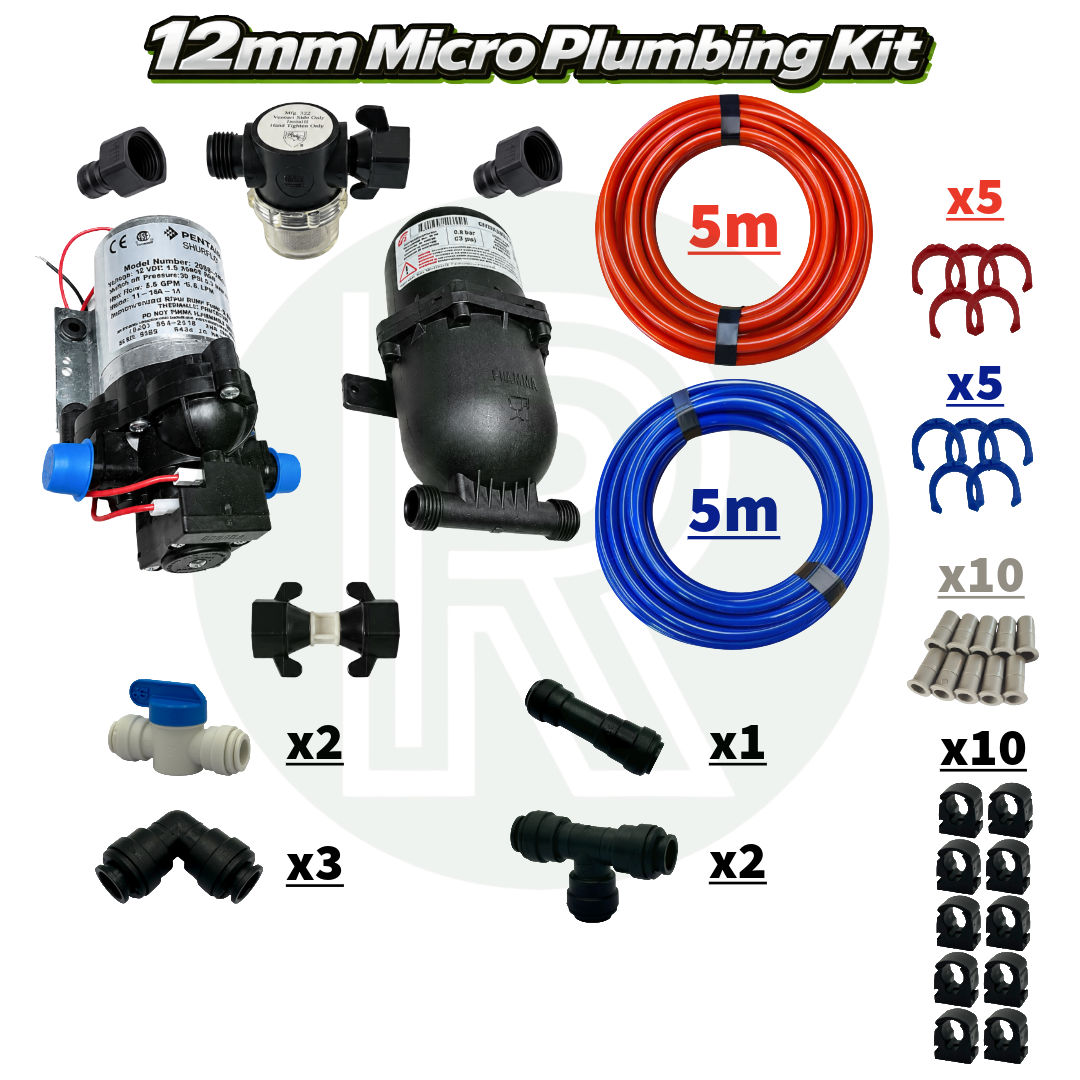 Micro 12mm campervan plumbing kit with pump, accumulator, John Guest fittings and red and blue pipe