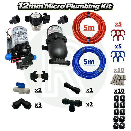 Micro 12mm campervan plumbing kit with pump, accumulator, John Guest fittings and red and blue pipe