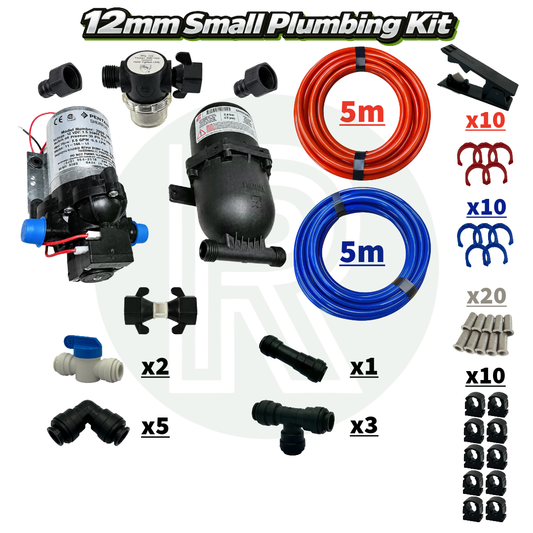 Small 12mm campervan plumbing kit with pump, accumulator, John Guest fittings and red and blue pipe