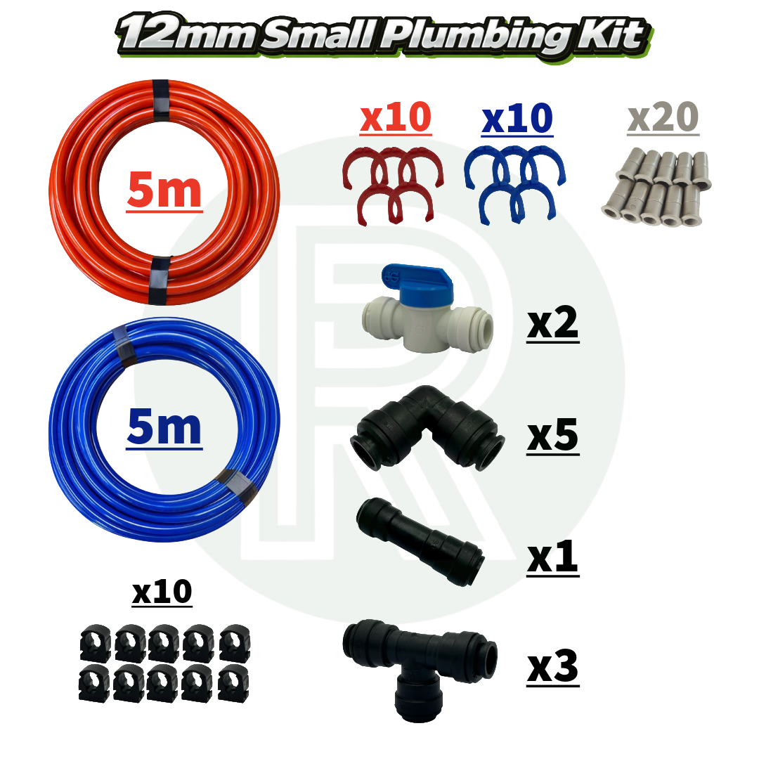 Small John Guest 12mm plumbing kit with fittings, isolation valves, pipe clips and red and blue semi-rigid pipe