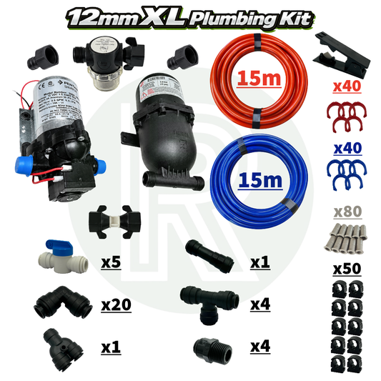 XL 12mm campervan plumbing kit with pump, accumulator, John Guest fittings and red and blue pipe