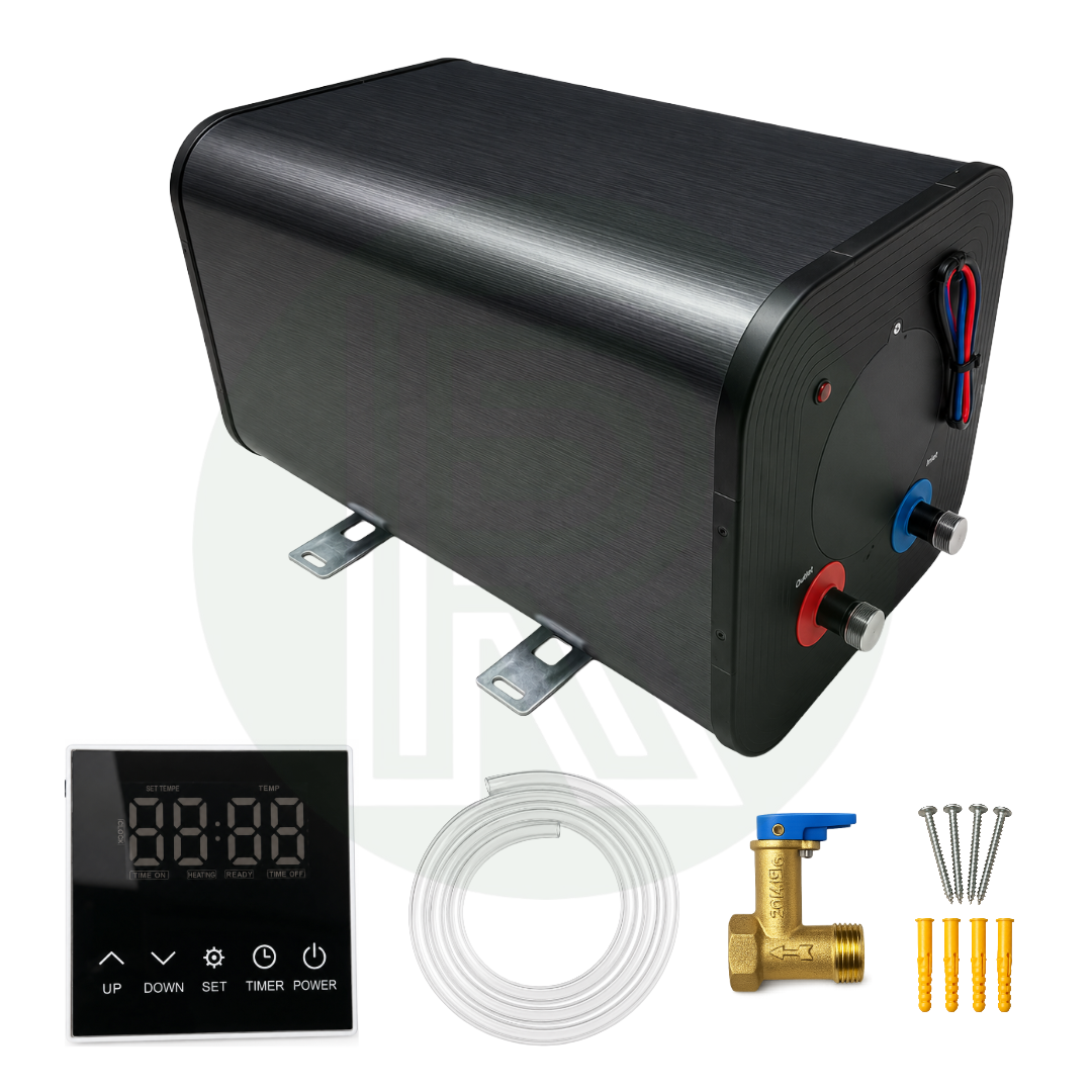 Angled view of 15L 12V and 240V water heater with LCD display for campervan and motorhome installations
