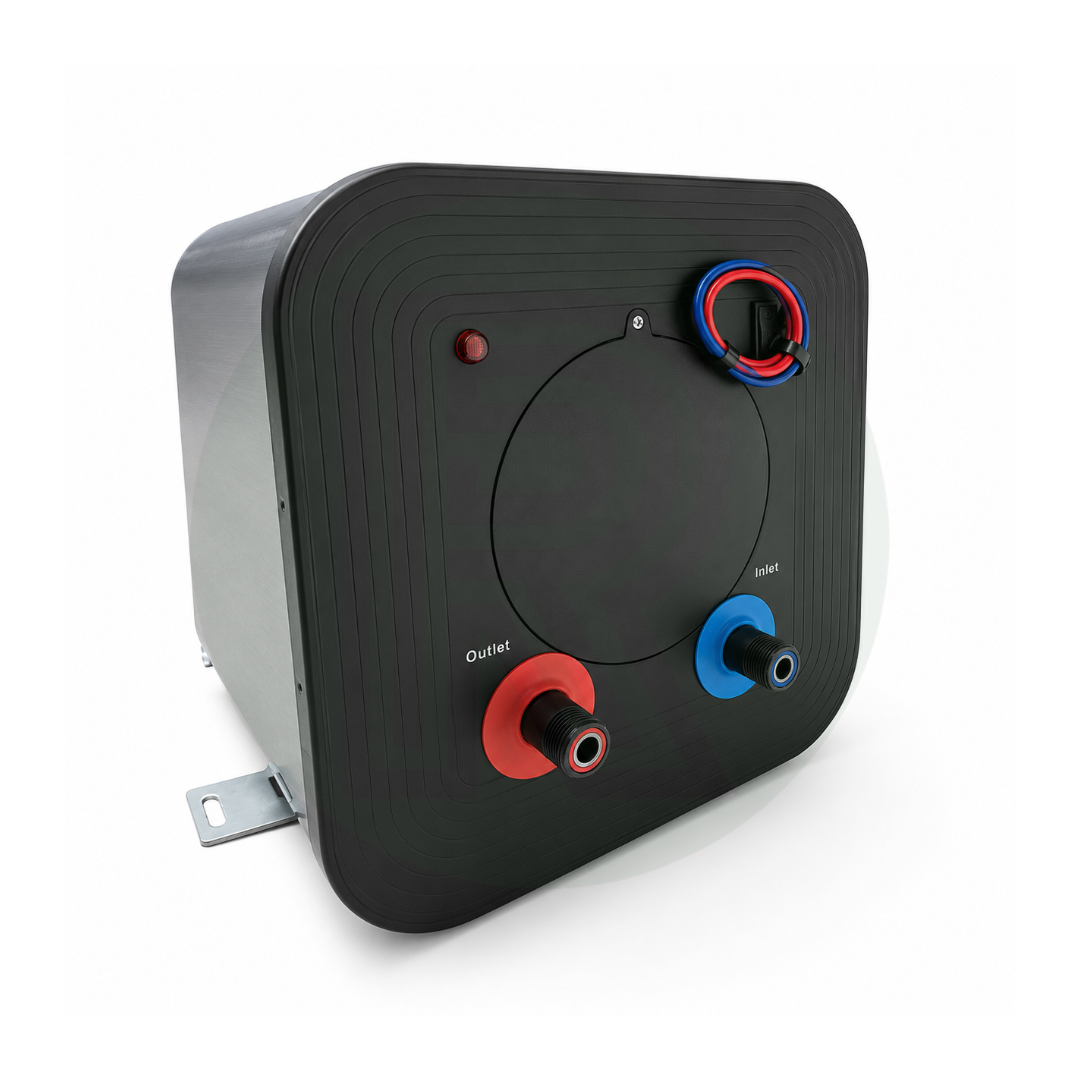 End view of 15L 12V and 240V water heater with LCD display