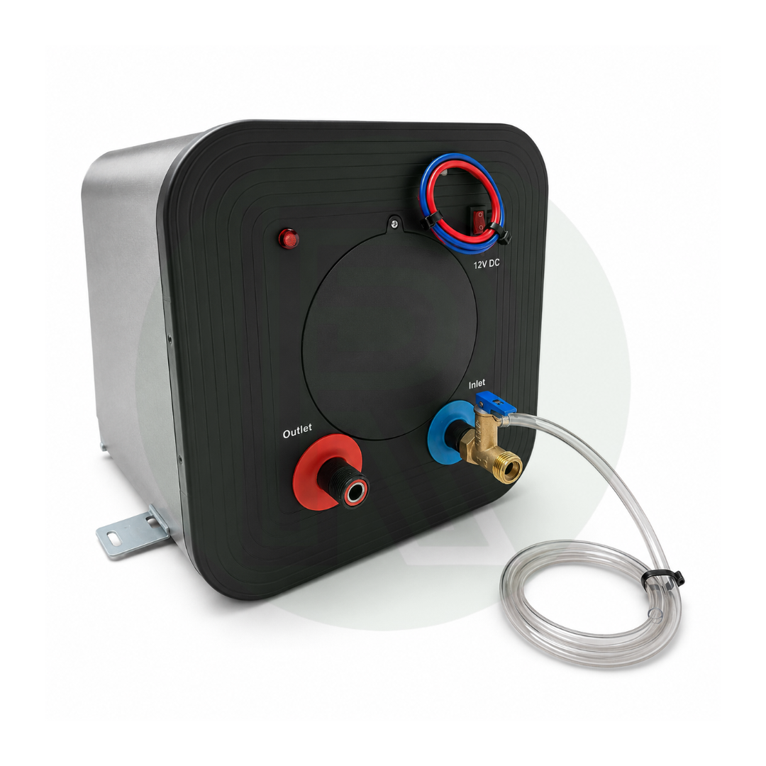Front view of 15L 12V and 240V water heater with LCD display for campervan and motorhome use
