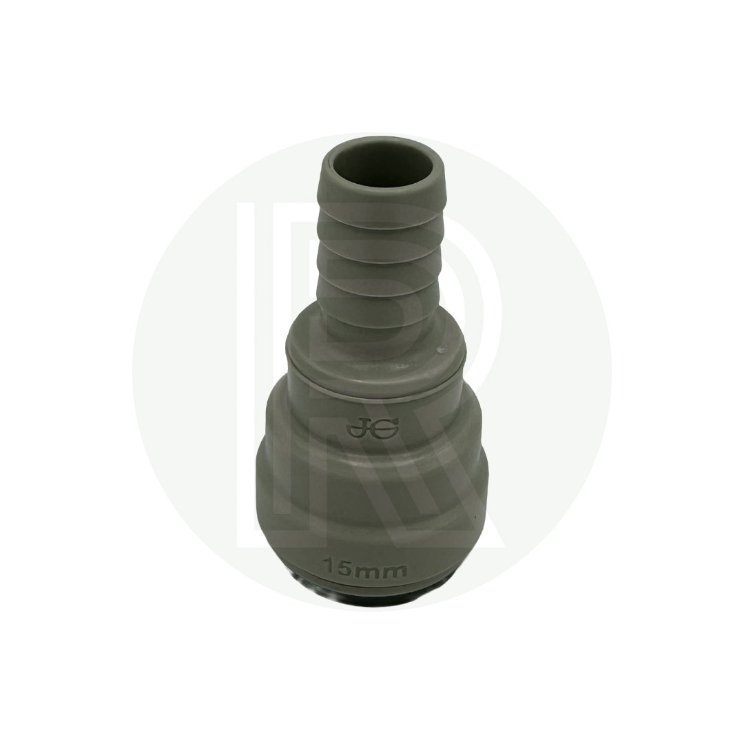 Front view of 15mm push fit to 1/2 inch hose barb adaptor for Bullfinch outdoor shower point grey