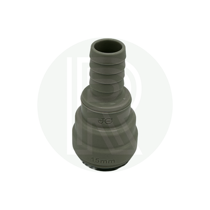 Front view of 15mm push fit to 1/2 inch hose barb adaptor for Bullfinch outdoor shower point grey