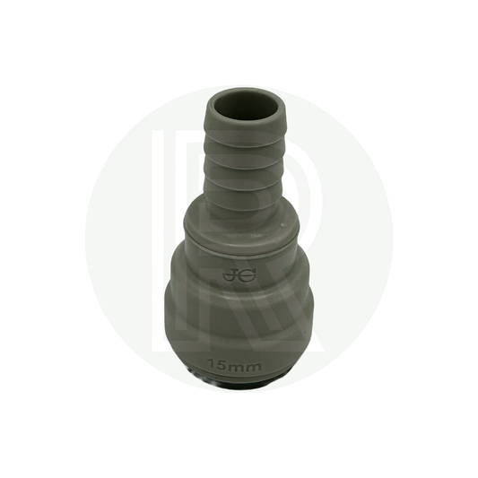 Front view of 15mm push fit to 1/2 inch hose barb adaptor for Bullfinch outdoor shower point grey