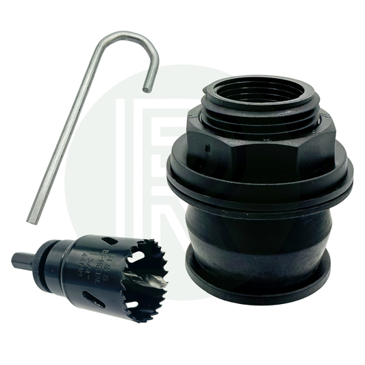 1 inch Kwiq tank fitting kit with hole saw drill bit and installation spanner bulkhead water tank connector