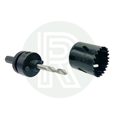hole saw drill bit on power drill for installing 1 inch Kwiq bulkhead tank fitting