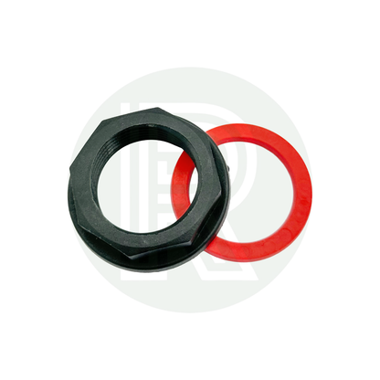 1 inch BSP water tank fitting nut and washer black plastic with red seal