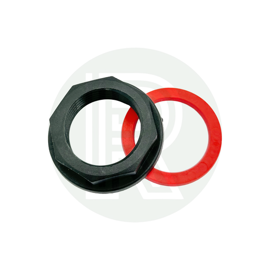 1 inch BSP water tank fitting nut and washer black plastic with red seal