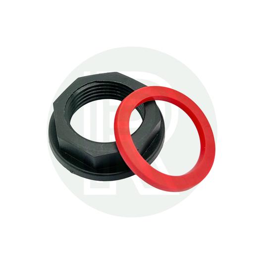 1 inch BSP water tank fitting nut and washer black plastic with red seal
