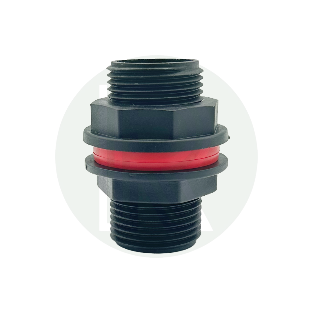 Close-up of a 1-inch BSP bulkhead tank connector fitting made from black plastic, featuring dual threaded ends and a red rubber seal.