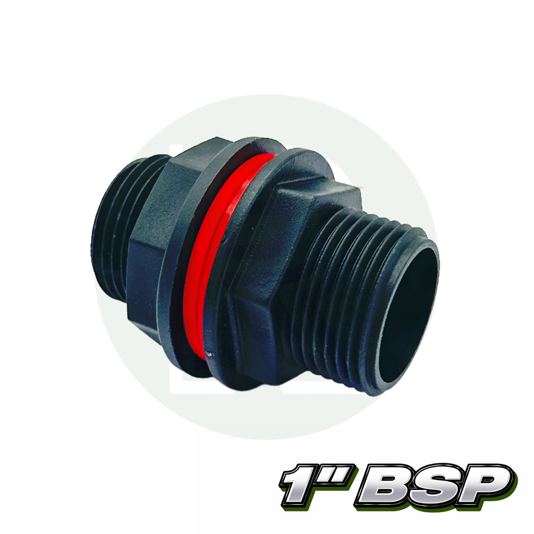 1” BSP tank connector bulkhead fitting in black plastic with threaded male connections and red gasket seal.