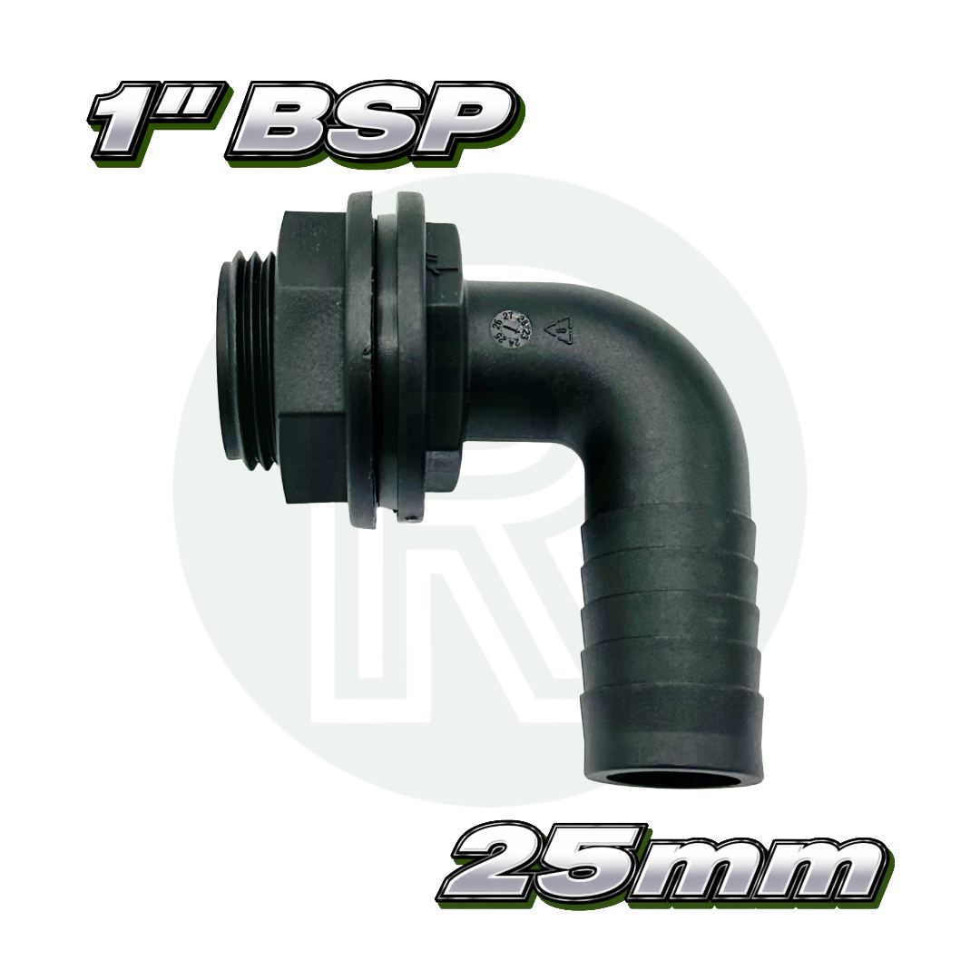 1 inch BSP 25mm hose tail elbow water tank connector fitting black plastic