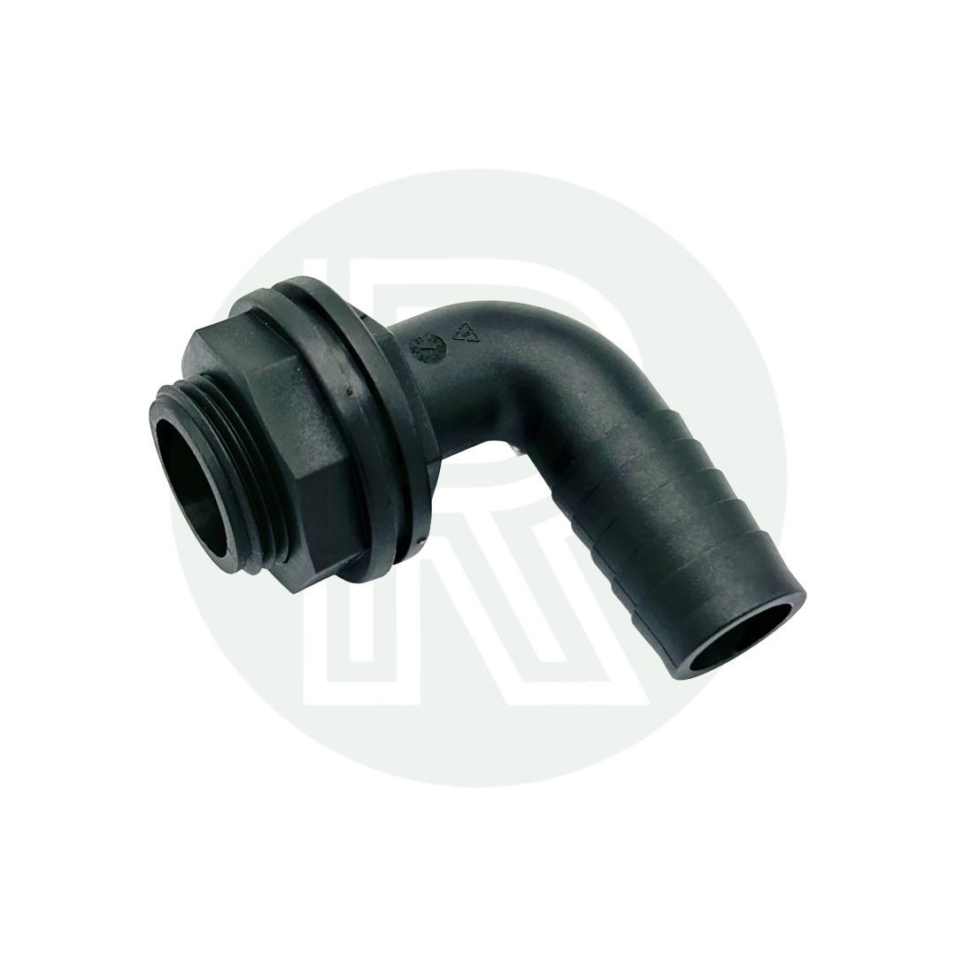 1 inch BSP to 25mm hose tail elbow water tank fitting black plastic