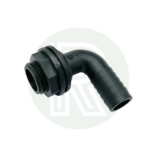 1 inch BSP to 25mm hose tail elbow water tank fitting black plastic