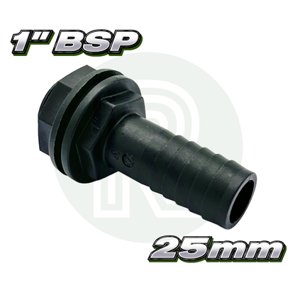 1 inch BSP to 25mm hose tail straight water tank connector fitting black plastic