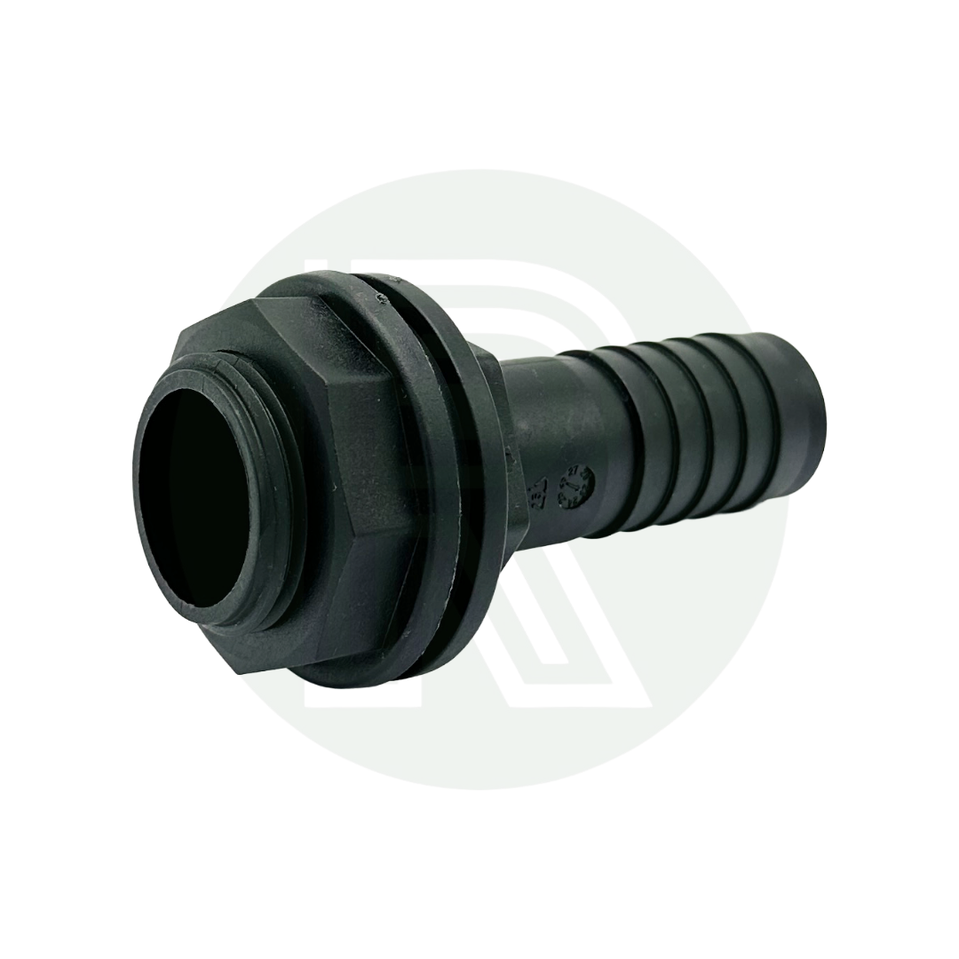 1 inch BSP to 25mm straight hose tail tank fitting black plastic