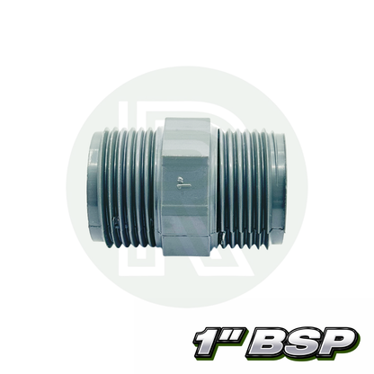 1-inch BSP threaded nipple pipe fitting in durable gray plastic with male-to-male threaded connections for irrigation and water systems.