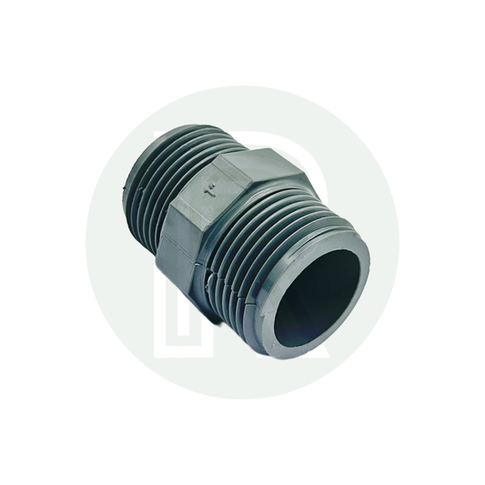 Close-up of a 1-inch BSP plastic threaded nipple connector with dual male threaded ends for plumbing applications.