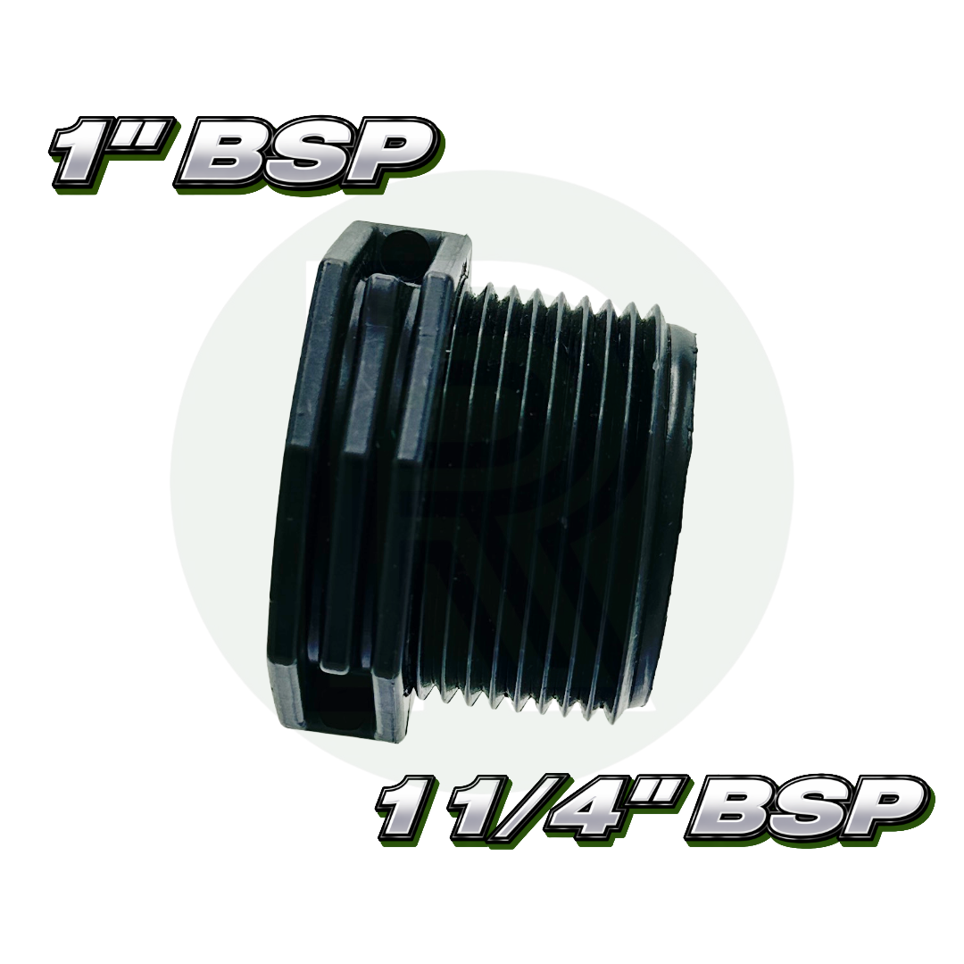 1 1/4” BSP male x 1” BSP female reducing bush adapter made from durable black PVC plastic.