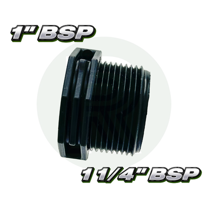 1 1/4” BSP male x 1” BSP female reducing bush adapter made from durable black PVC plastic.