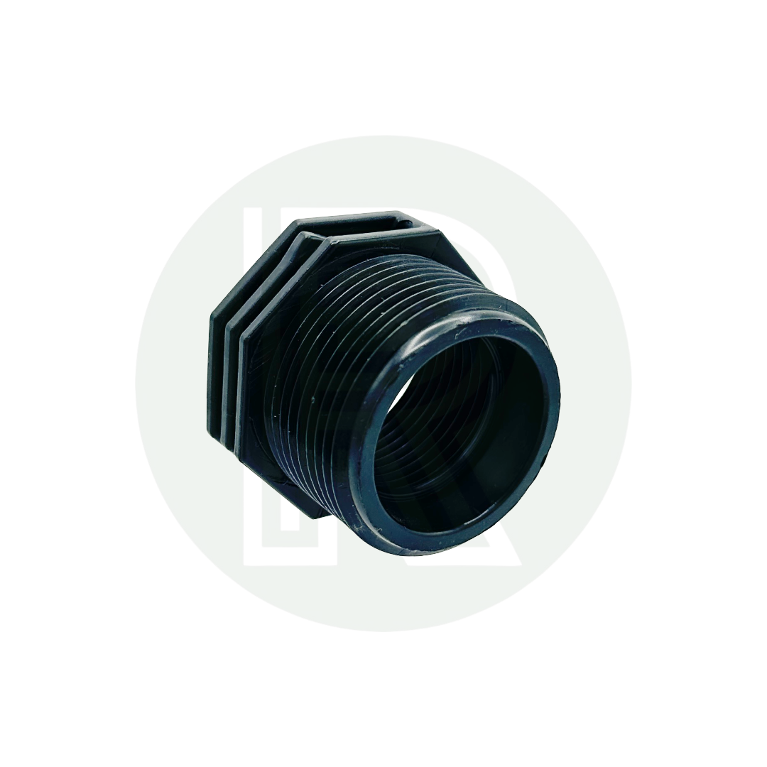 Close-up of a black plastic BSP reducing bush adapter featuring a 1 1/4" male thread to 1" female thread fitting.