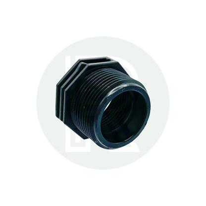 Close-up of a black plastic BSP reducing bush adapter featuring a 1 1/4" male thread to 1" female thread fitting.