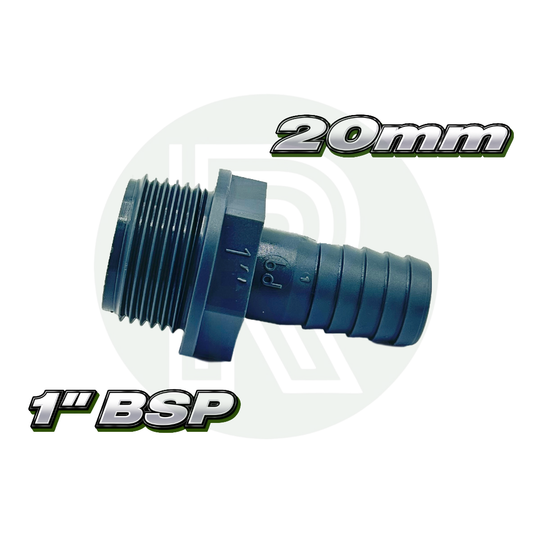Close-up of a grey plastic 1” BSP male threaded hosetail adapter with 20mm barbed hose connection.