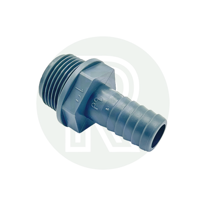 1” BSP male to 20mm male grey barbed hosetail fitting for water tanks, irrigation, and plumbing hose connections.