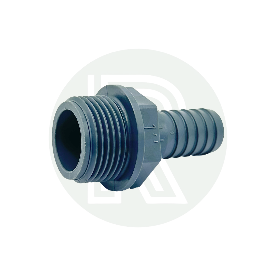 1” BSP male threaded to 20mm barbed hosetail adapter made from durable grey plastic.