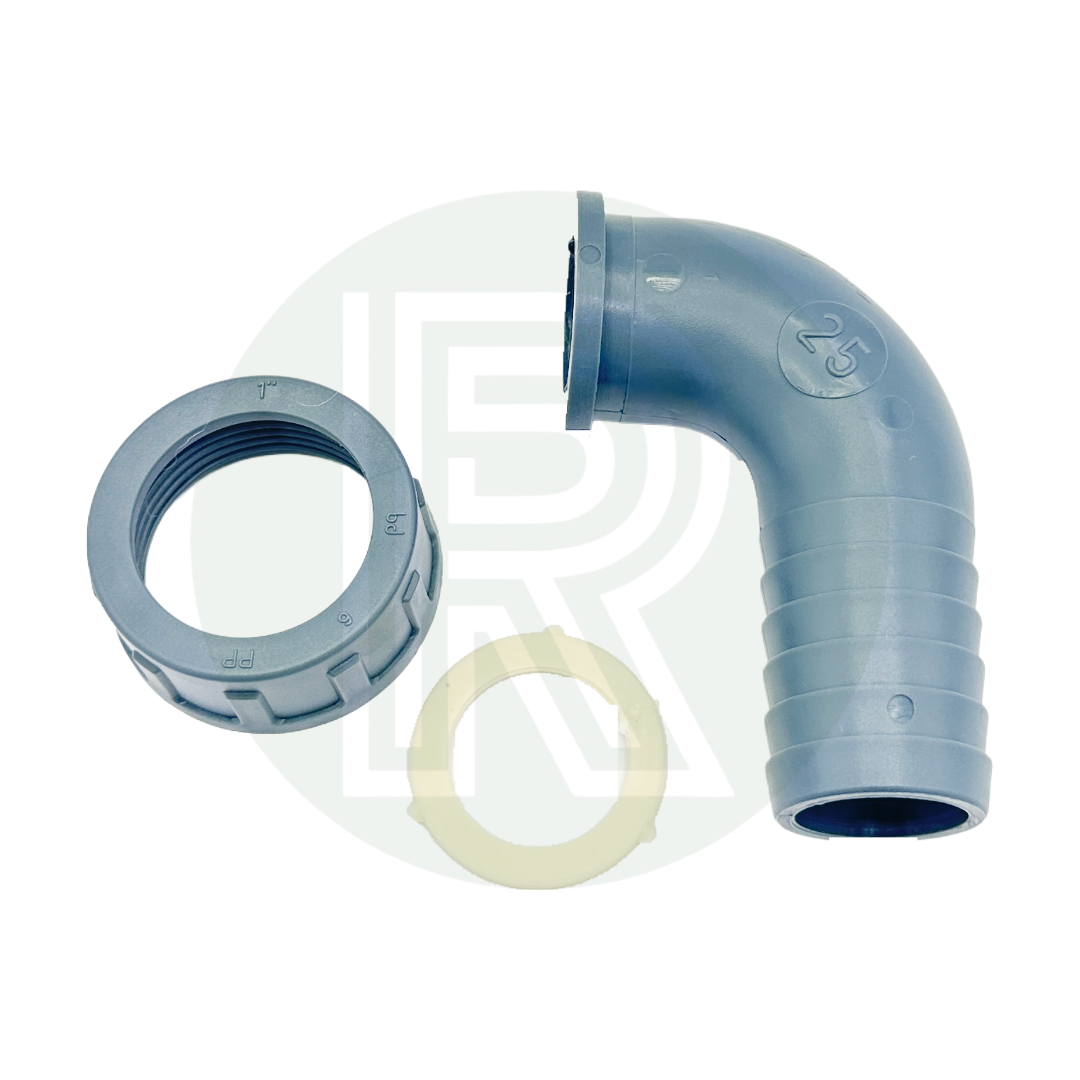 Close-up of a grey plastic 1” BSP female to 25mm male 90° barbed hose tail adapter for plumbing and water systems.