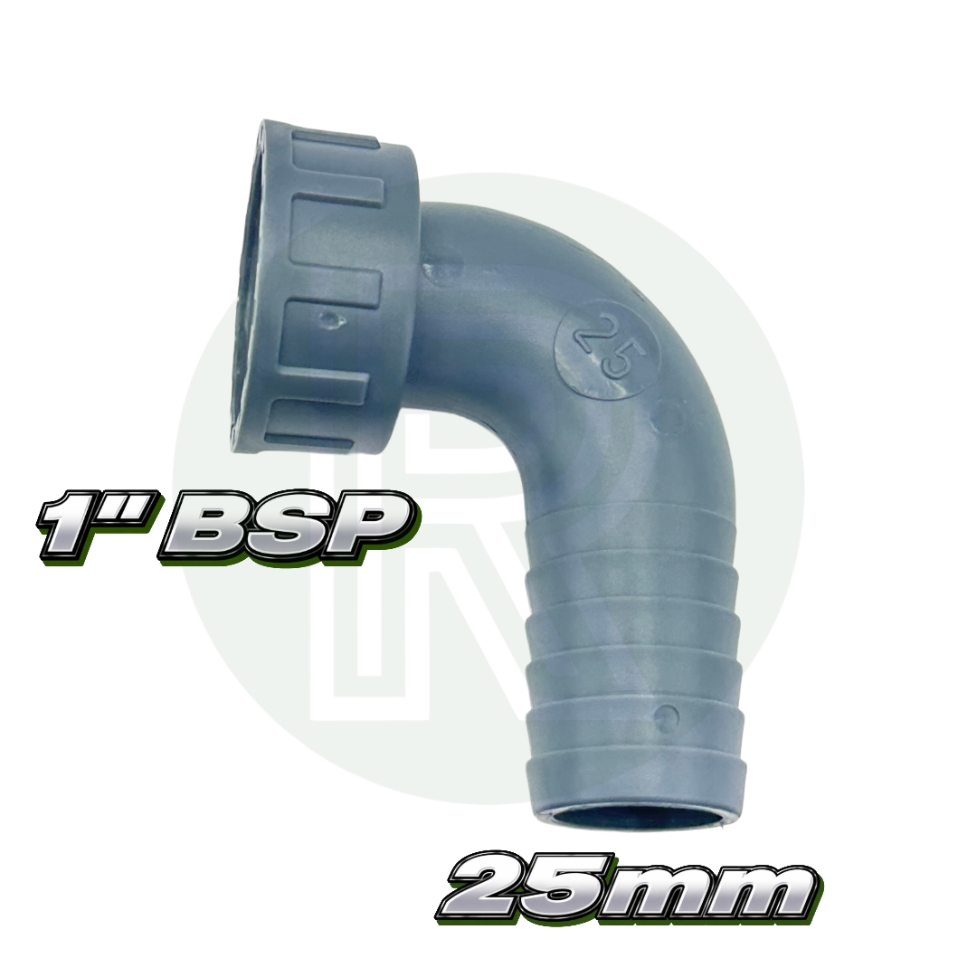1” BSP female threaded 90° elbow hosetail fitting with 25mm barbed outlet made from durable grey plastic.