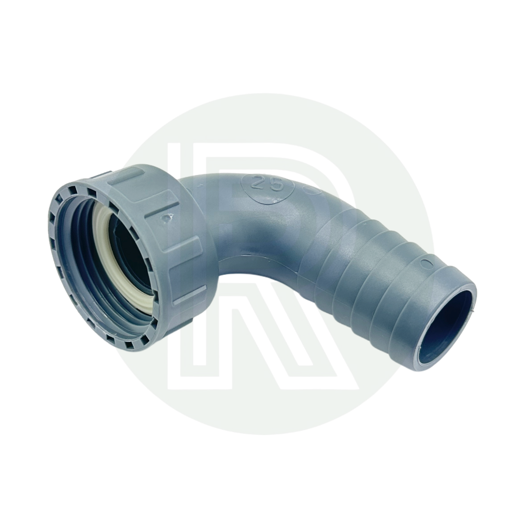 1” BSP female to 25mm male grey 90-degree barbed hose tail fitting for water tanks, irrigation, and plumbing hose connections.
