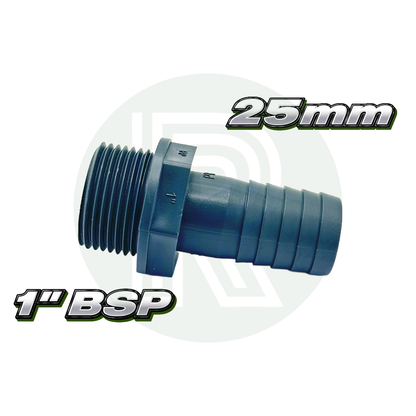 1” BSP male threaded to 25mm barbed hosetail adapter made from durable grey plastic.