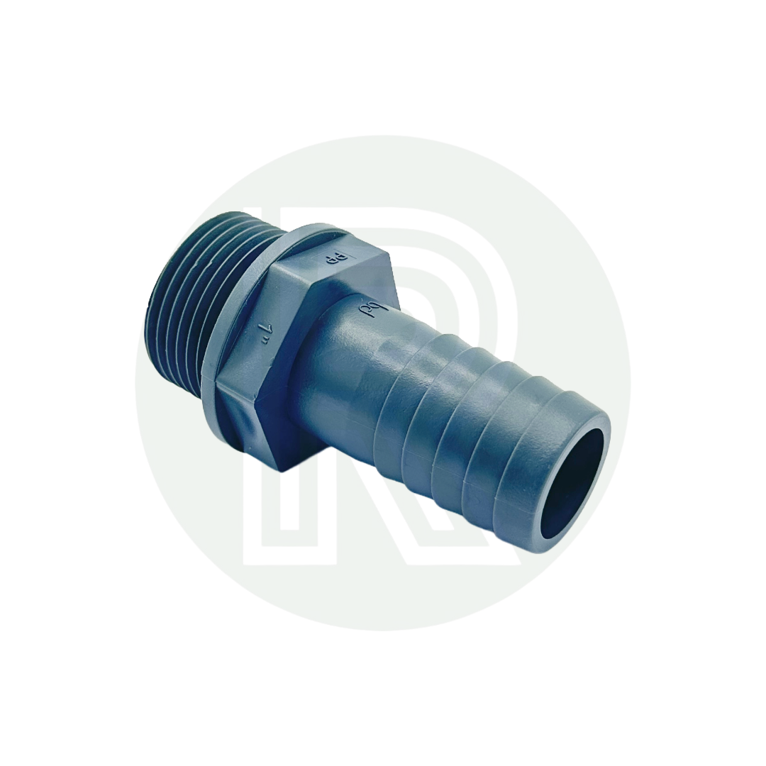 1” BSP male to 25mm male grey barbed hosetail fitting for water tanks, irrigation, plumbing, and hose systems.