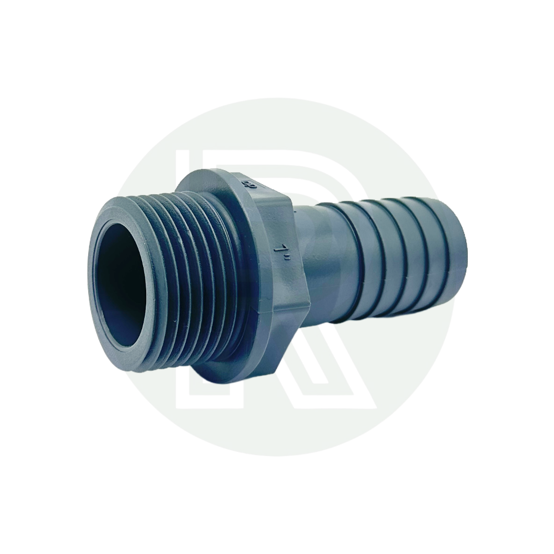 Grey plastic hose tail connector featuring a 1-inch BSP male thread and 25mm barbed hose fitting.