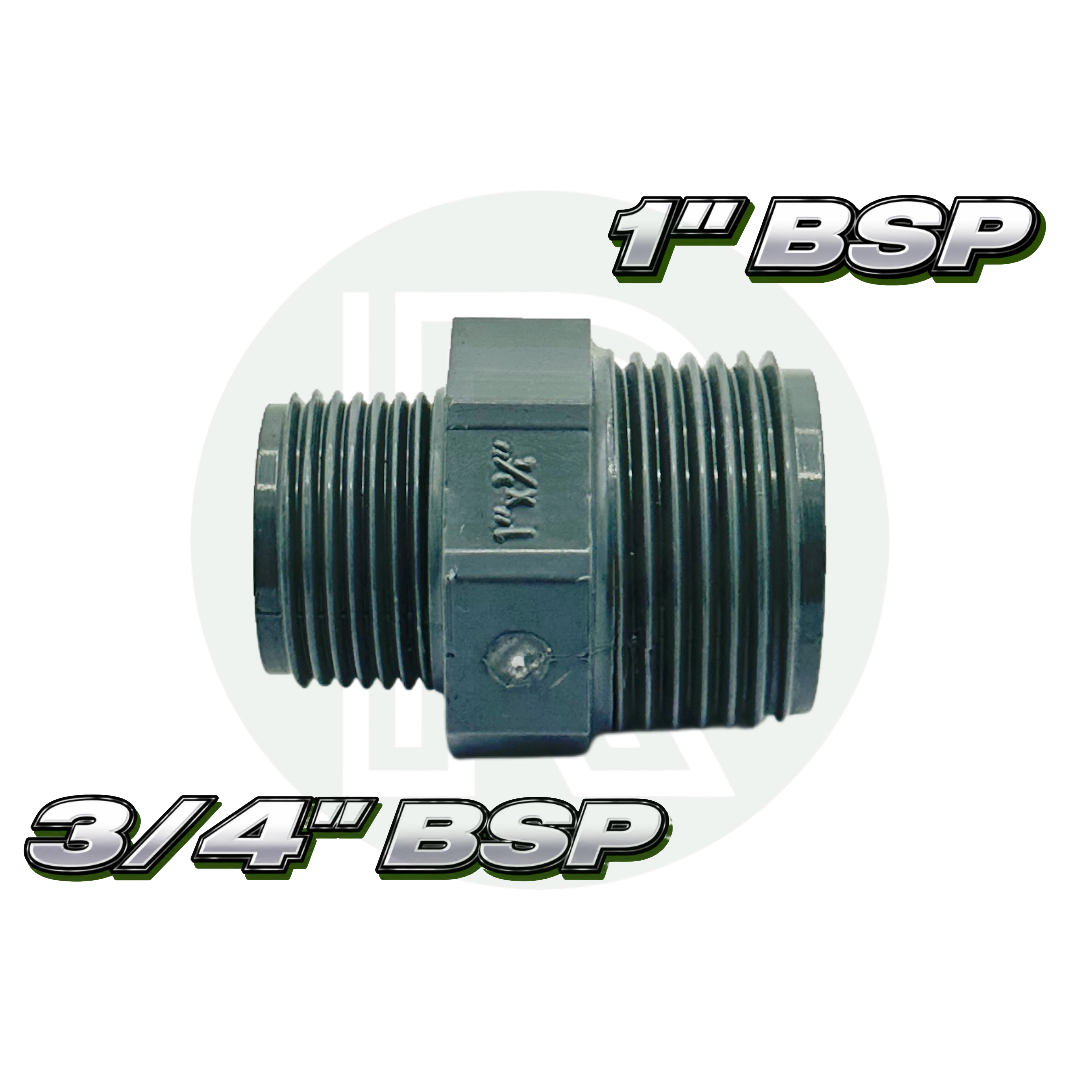 Close-up of a gray plastic BSP reducing threaded nipple adapter with 1" male thread and 3/4" male thread ends.