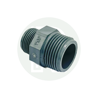 1-inch to 3/4-inch BSP reducing threaded nipple fitting in durable plastic for plumbing, irrigation, and water systems.