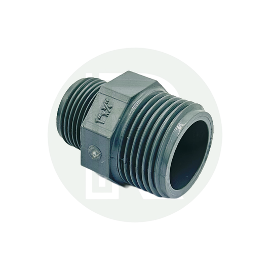 1-inch to 3/4-inch BSP reducing threaded nipple fitting in durable plastic for plumbing, irrigation, and water systems.