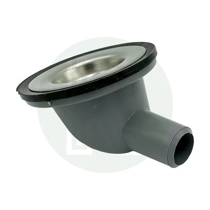 Grey angled sink waste fitting with 20mm push fit connection for caravan and motorhome plumbing systems